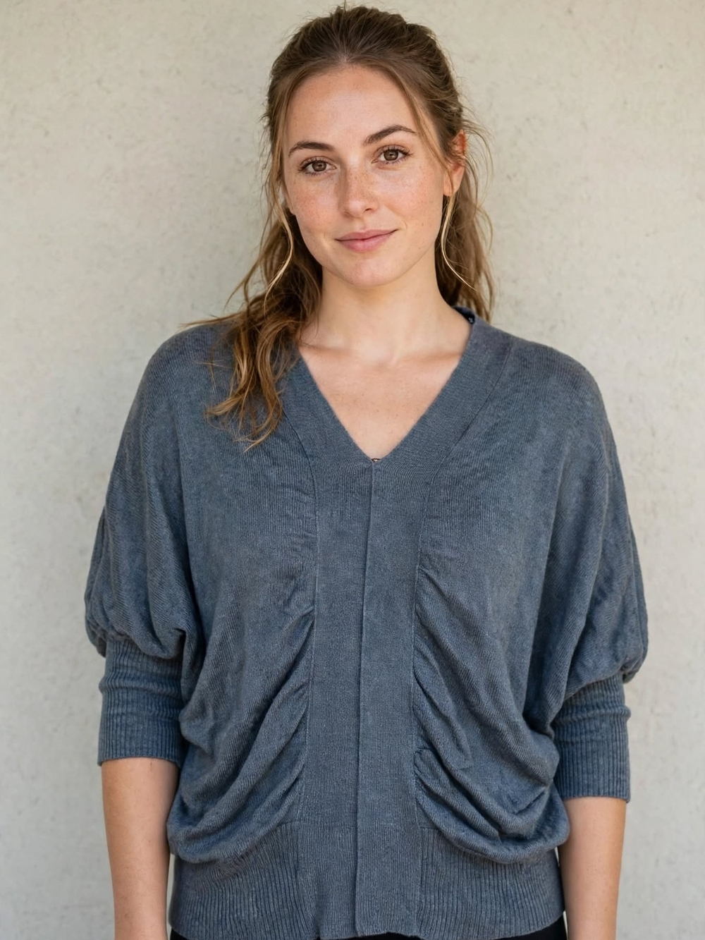 V-Neck Draped Womens Sweater in Slate Gray